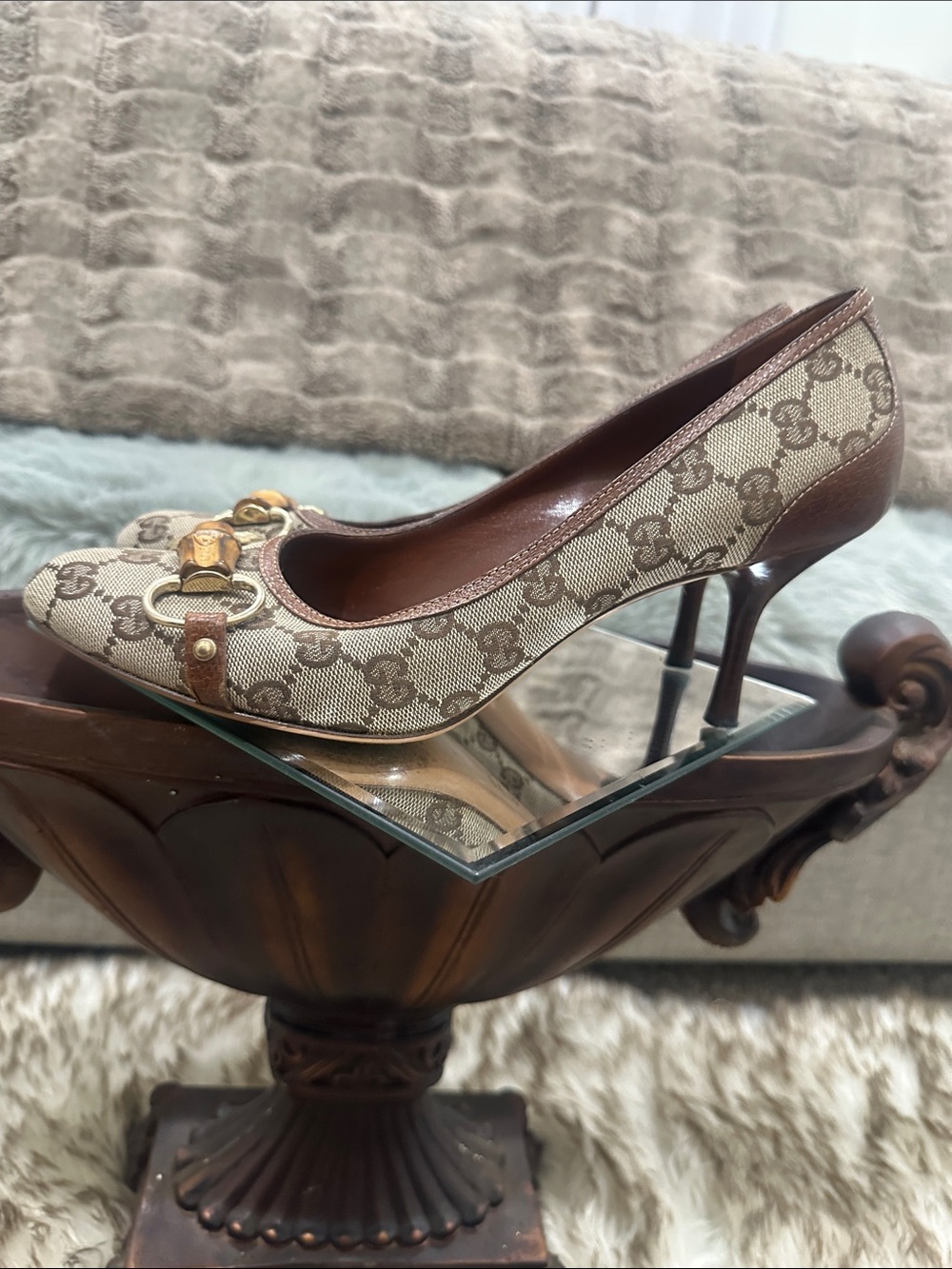 GUCCI Beige GG Canvas Bamboo Horsebit Women's Pumps classic streamlined style - Picture 7 of 13
